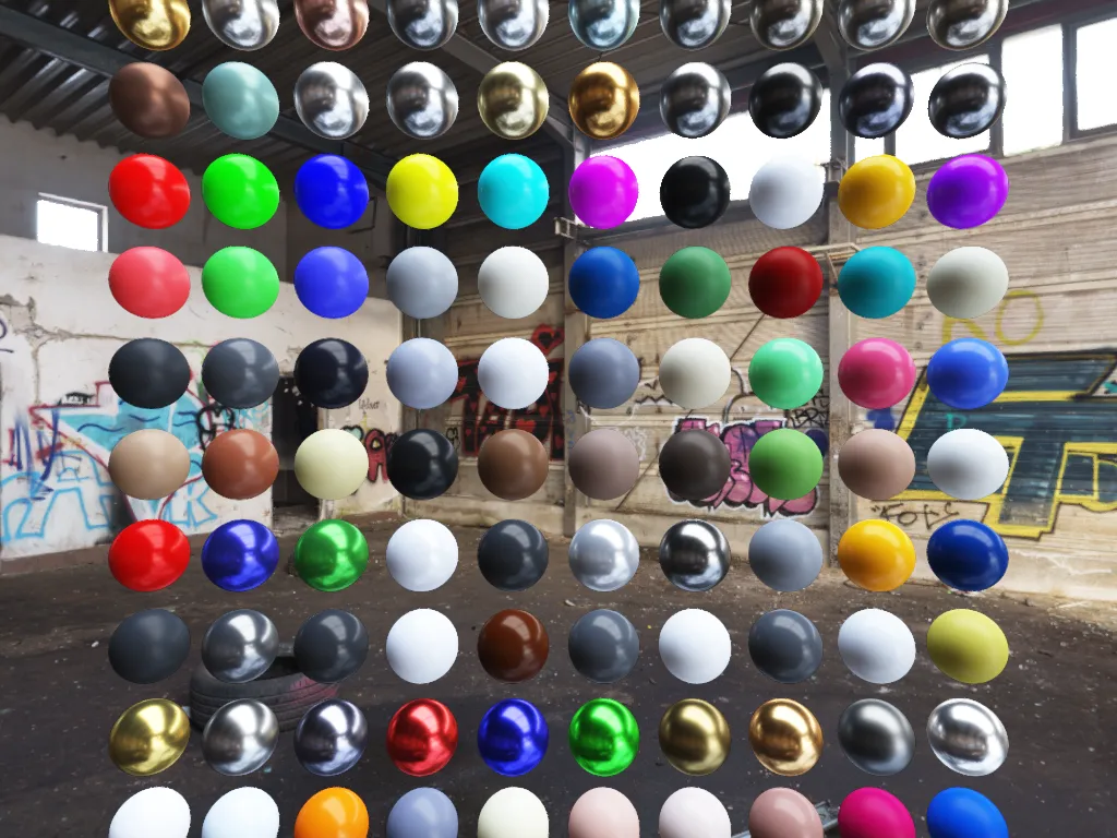 The final render of suckless-ogl — 100 PBR spheres lit by IBL